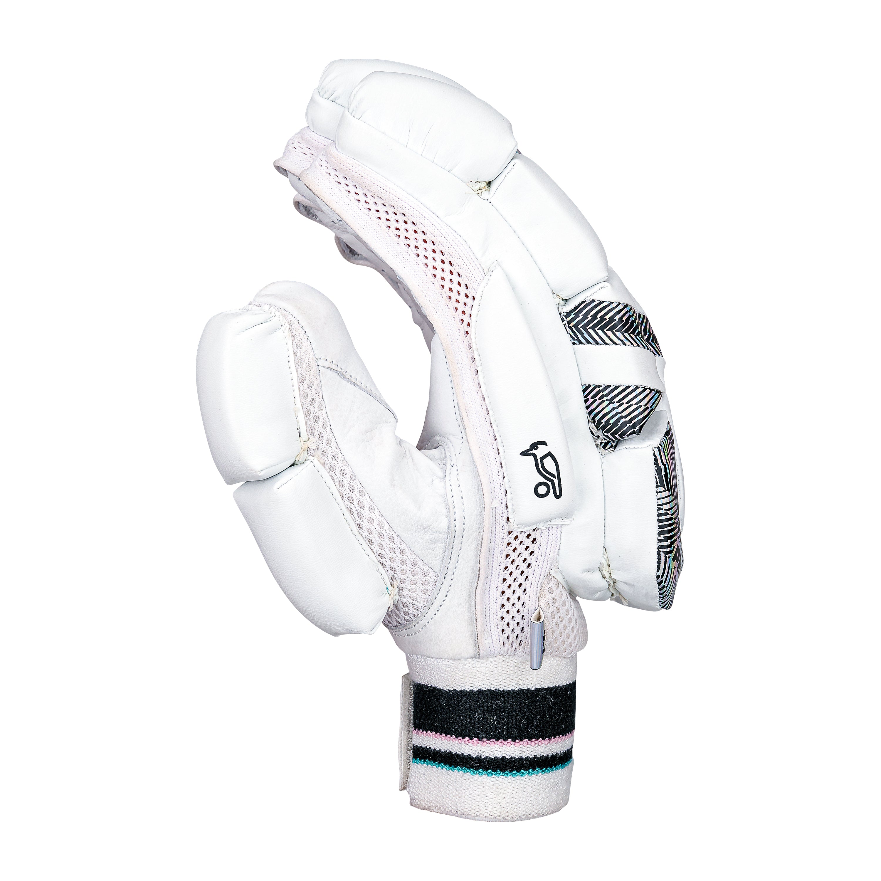 The Kookaburra Prism 4.1 Batting Glove 2026 by Kookaburra features padded fingers, a durable leather palm, mesh ventilation, a black-striped wristband, and a small black logo, displayed upright on a white background.