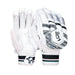 The Kookaburra Prism 4.1 Batting Gloves 2026 by Kookaburra feature a white design with black and silver accents, mesh ventilation, a stylized bird logo on the wrist strap, durable leather palms, and protective padding on the back.