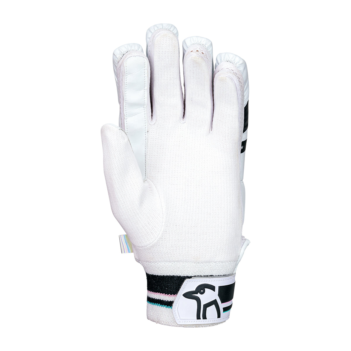 The Kookaburra Prism 6.1 Batting Gloves 2026 are white junior cricket gloves with black and pastel-striped wrists, an elephant logo, and a secure Velcro strap—perfect entry-level protection for young players.