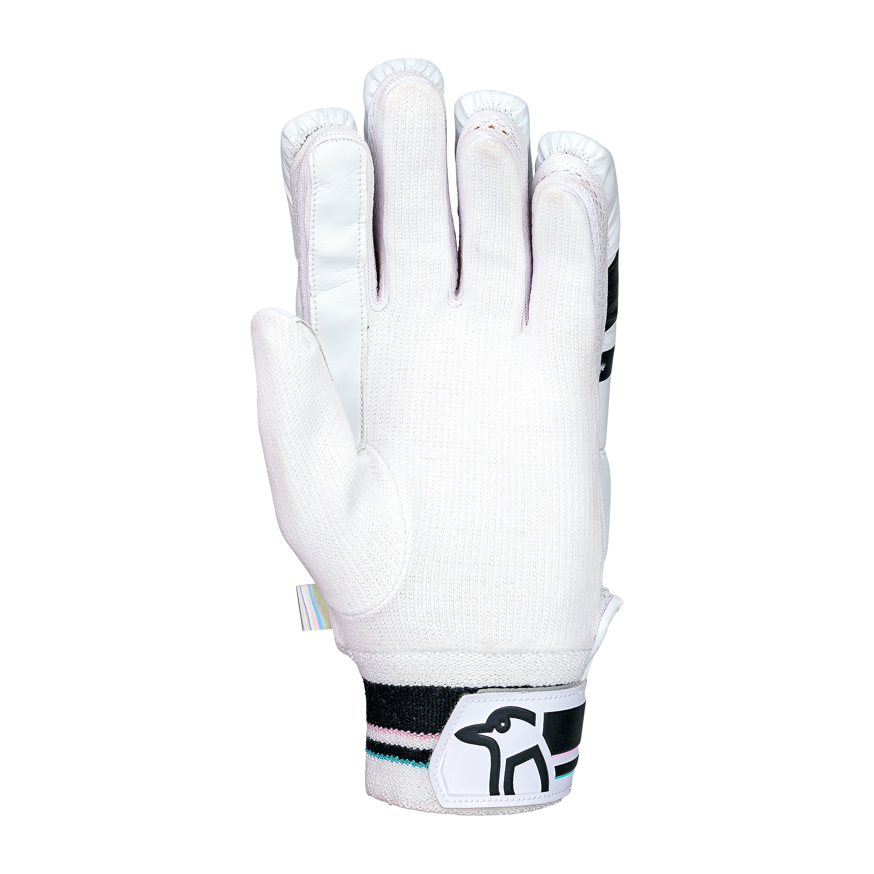 The Kookaburra Prism 6.1 Batting Gloves 2026 are white junior cricket gloves with black and pastel-striped wrists, an elephant logo, and a secure Velcro strap—perfect entry-level protection for young players.