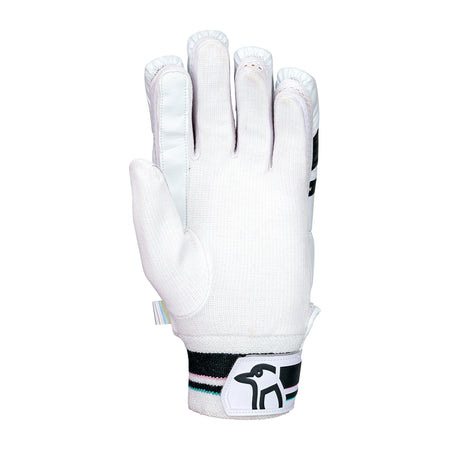The Kookaburra Prism 6.1 Batting Gloves 2026 are white junior cricket gloves with black and pastel-striped wrists, an elephant logo, and a secure Velcro strap—perfect entry-level protection for young players.