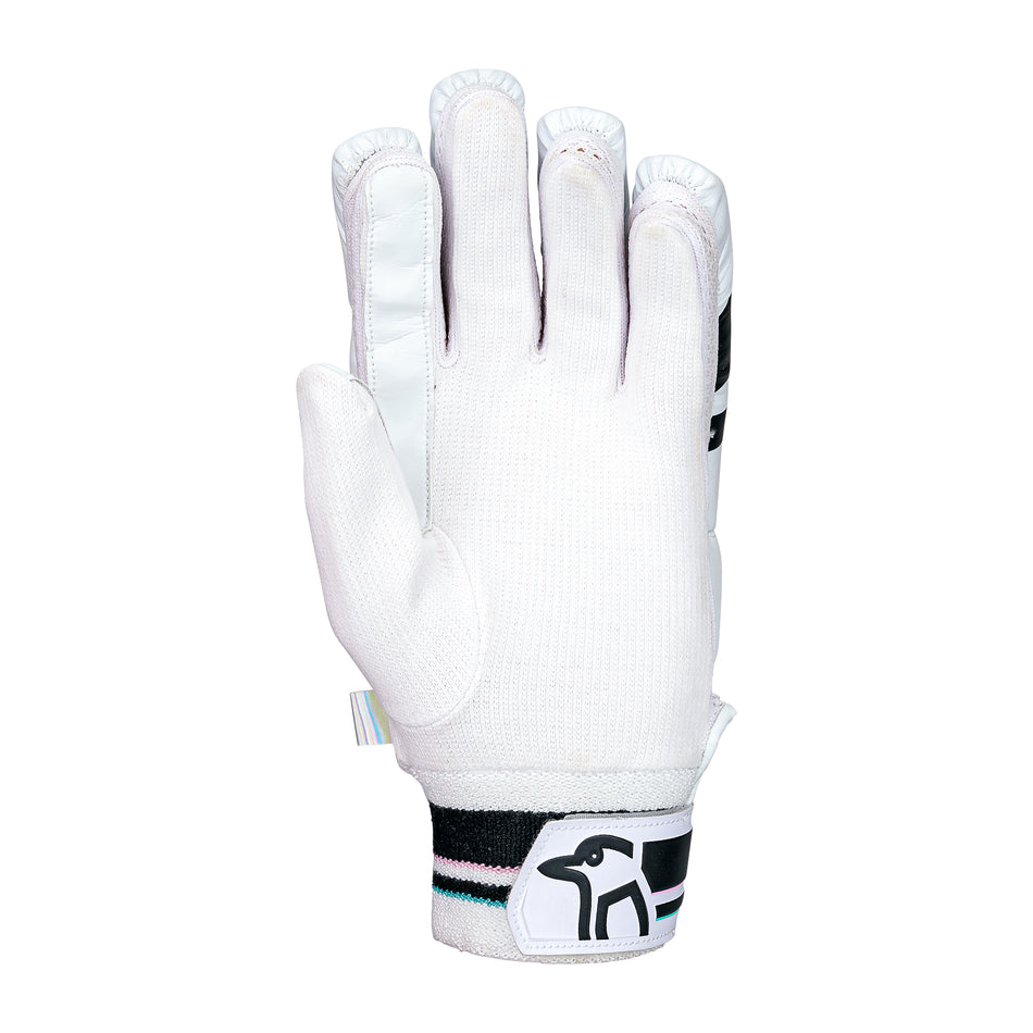 The Kookaburra Prism 6.1 Batting Gloves 2026 are white junior cricket gloves with black and pastel-striped wrists, an elephant logo, and a secure Velcro strap—perfect entry-level protection for young players.