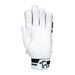 The Kookaburra Prism 6.1 Batting Gloves 2026 are white junior cricket gloves with black and pastel-striped wrists, an elephant logo, and a secure Velcro strap—perfect entry-level protection for young players.