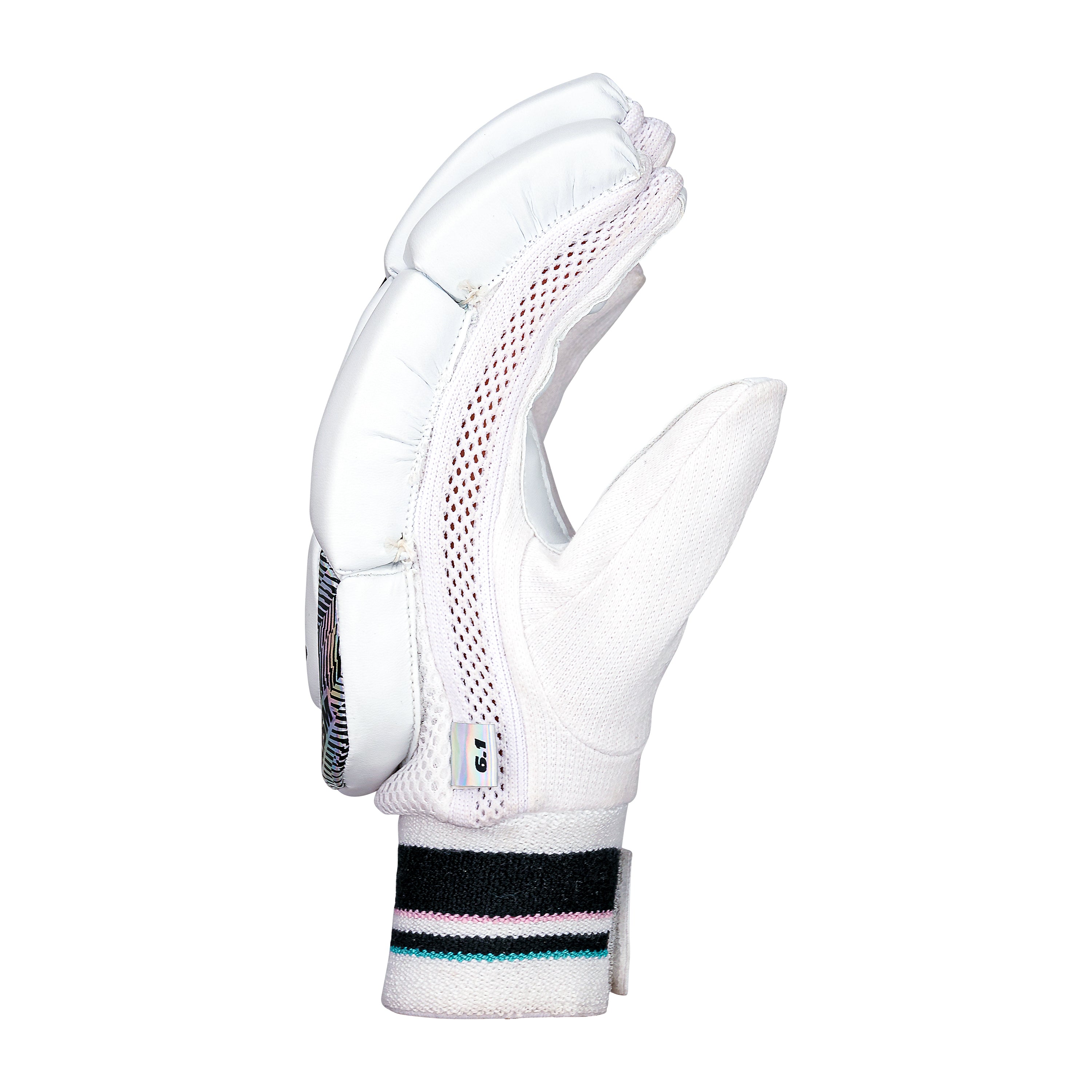A single white Kookaburra Prism 6.1 Batting Glove 2026 is shown upright from the side against a white background, featuring padded protection, mesh ventilation, and a striped elastic wristband—ideal entry-level cricket gloves.
