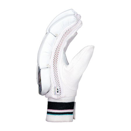 A single white Kookaburra Prism 6.1 Batting Glove 2026 is shown upright from the side against a white background, featuring padded protection, mesh ventilation, and a striped elastic wristband—ideal entry-level cricket gloves.