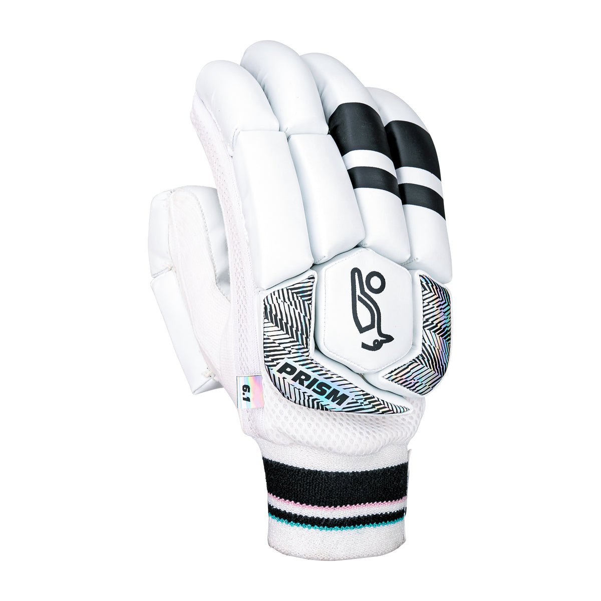 The Kookaburra Prism 6.1 Batting Gloves 2026 feature white with black and gray accents, padded fingers, and a wrist strap with black, mint, and pink stripes—ideal entry-level cricket gloves displaying the brand logo and PRISM on the back.
