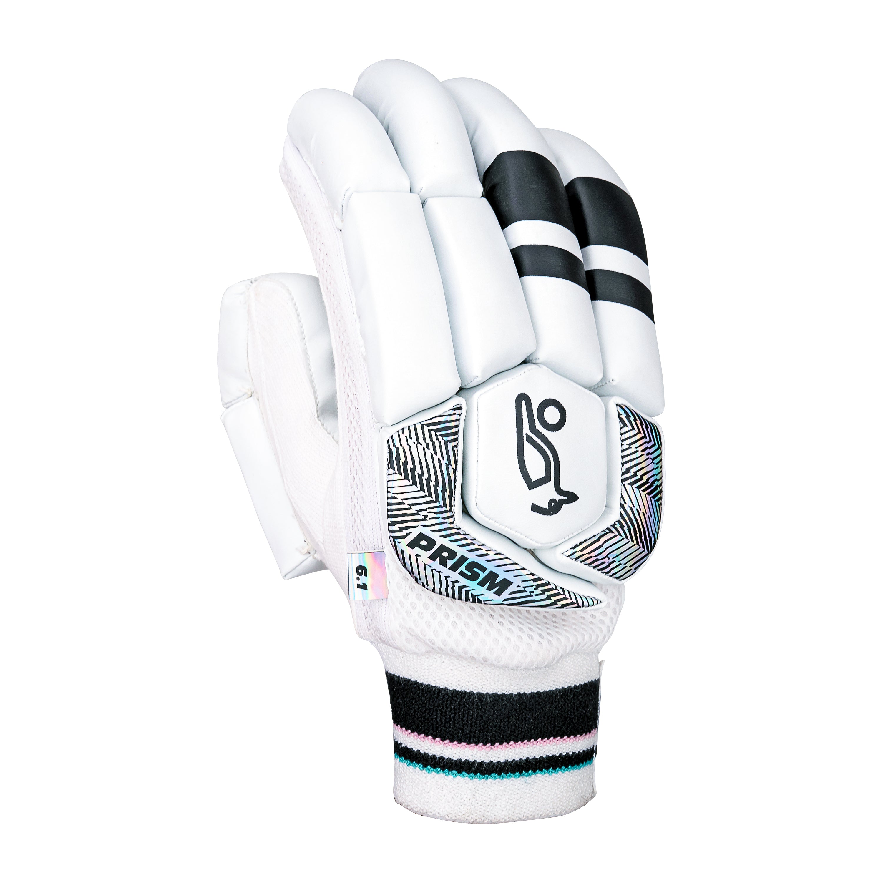 The Kookaburra Prism 6.1 Batting Gloves 2026 feature white with black and gray accents, padded fingers, and a wrist strap with black, mint, and pink stripes—ideal entry-level cricket gloves displaying the brand logo and PRISM on the back.