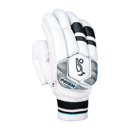 The Kookaburra Prism 6.1 Batting Gloves 2026 feature white with black and gray accents, padded fingers, and a wrist strap with black, mint, and pink stripes—ideal entry-level cricket gloves displaying the brand logo and PRISM on the back.