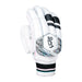 The Kookaburra Prism 6.1 Batting Gloves 2026 feature white with black and gray accents, padded fingers, and a wrist strap with black, mint, and pink stripes—ideal entry-level cricket gloves displaying the brand logo and PRISM on the back.