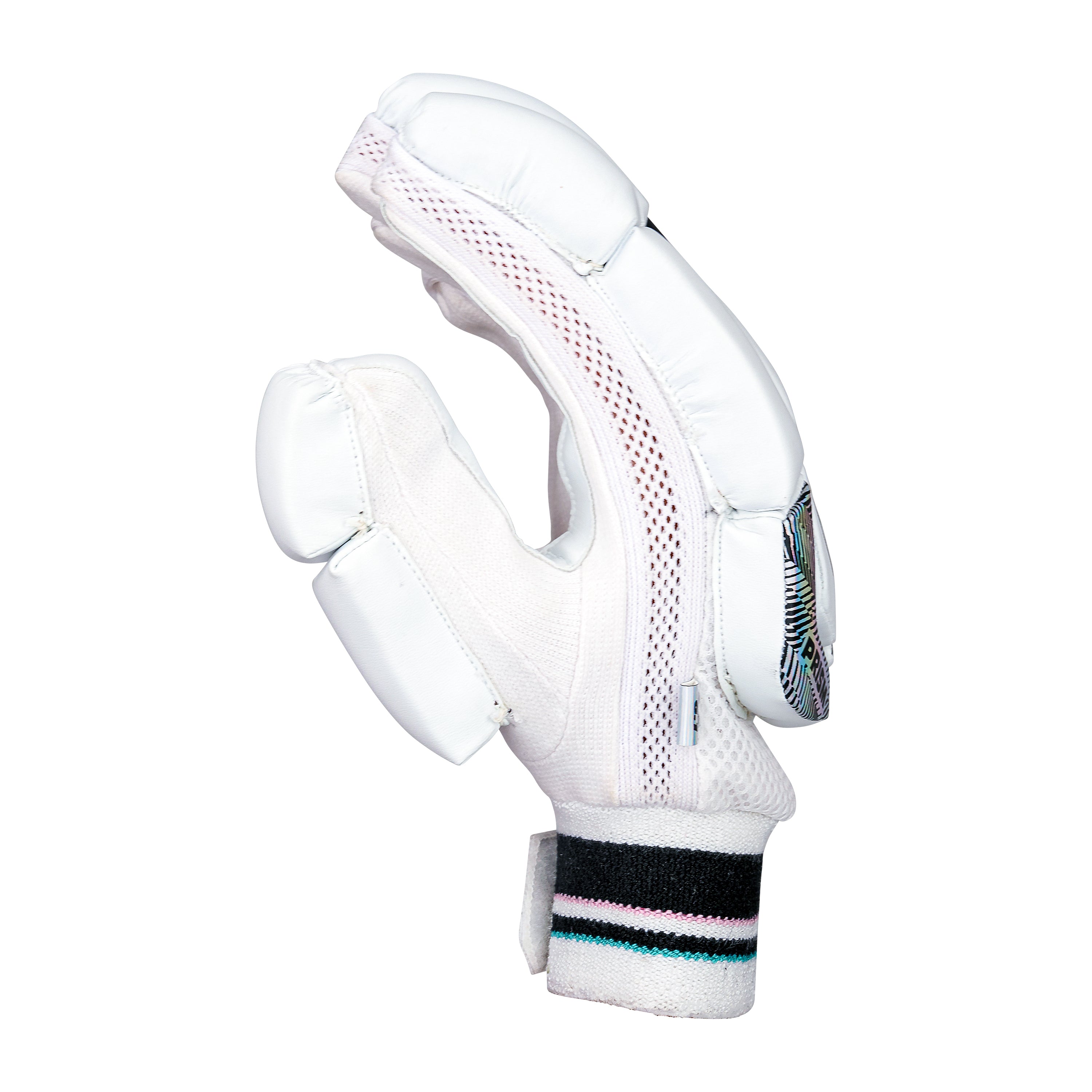 The Kookaburra Prism 6.1 Batting Gloves 2026, designed for entry-level players, feature white padding and a black, white, and pink striped wristband. Displayed side-on against a white background.