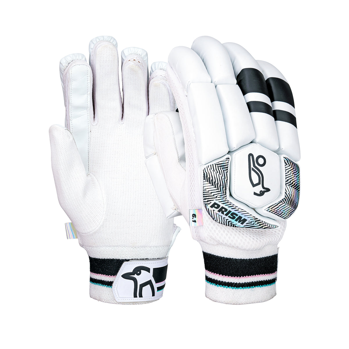 The Kookaburra Prism 6.1 Batting Gloves 2026 feature black and light blue accents, textured palm, padded fingers, and the Kookaburra logo on the wrist strap and back. These entry-level cricket gloves are shown both palm up and down.