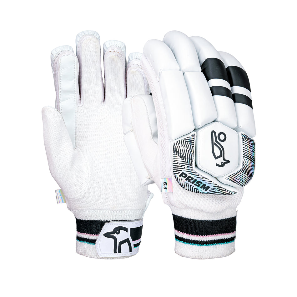 The Kookaburra Prism 6.1 Batting Gloves 2026 feature black and light blue accents, textured palm, padded fingers, and the Kookaburra logo on the wrist strap and back. These entry-level cricket gloves are shown both palm up and down.