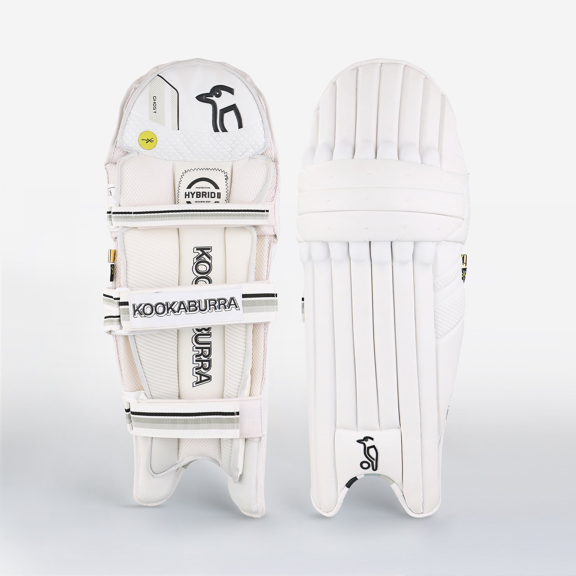 Two white Kookaburra Ghost Pro Batting Pads 2026 shown front and back; the front features thick vertical padding, while the back displays KOOKABURRA and HYBRID-labeled straps with visible protective padding.