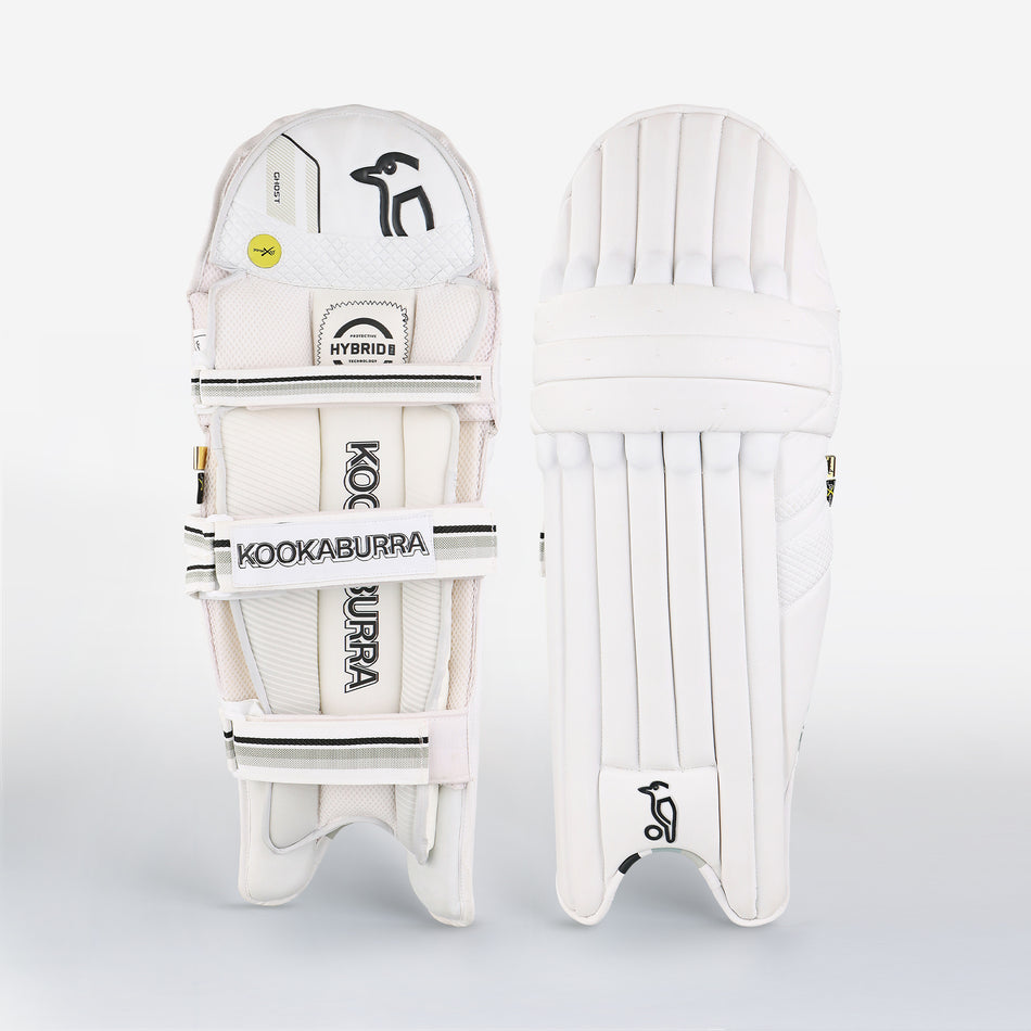 Two white Kookaburra Ghost Pro Batting Pads 2026 shown front and back; the front features thick vertical padding, while the back displays KOOKABURRA and HYBRID-labeled straps with visible protective padding.