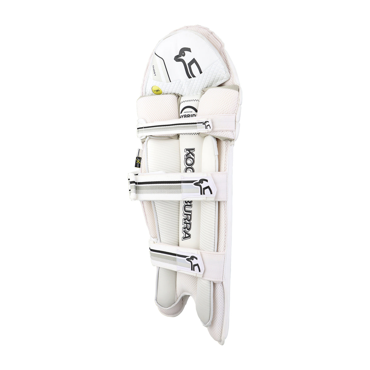 A single Kookaburra Ghost 2.1 Batting Pad 2026 in white with black accents, featuring pro-level protection, Poron XRD technology, three adjustable straps, and visible Kookaburra logos, shown side-on against a plain white background.