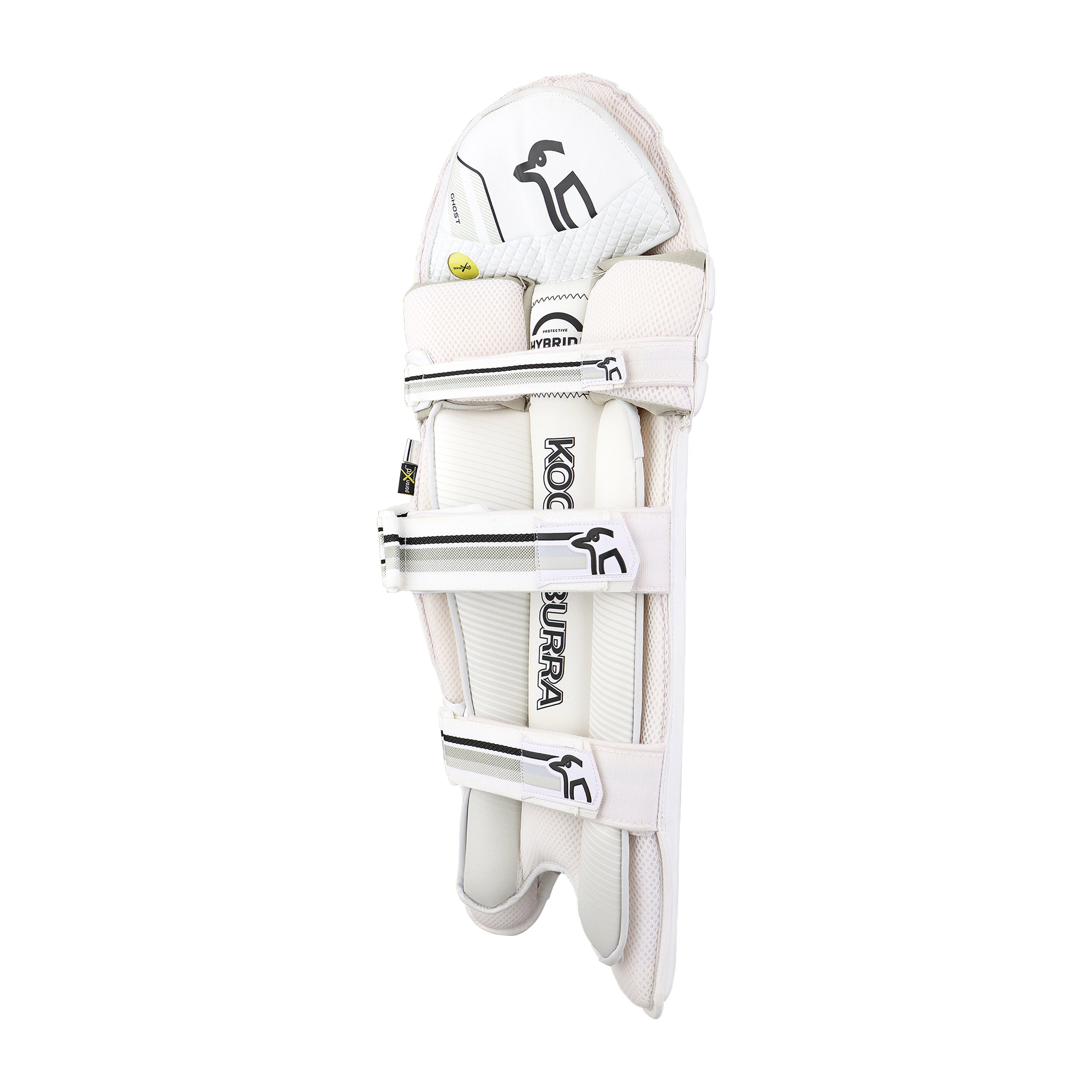 A single Kookaburra Ghost 2.1 Batting Pad 2026 in white with black accents, featuring pro-level protection, Poron XRD technology, three adjustable straps, and visible Kookaburra logos, shown side-on against a plain white background.