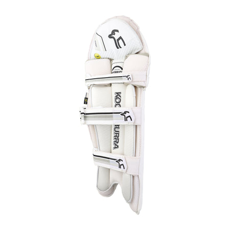 A single Kookaburra Ghost 2.1 Batting Pad 2026 in white with black accents, featuring pro-level protection, Poron XRD technology, three adjustable straps, and visible Kookaburra logos, shown side-on against a plain white background.