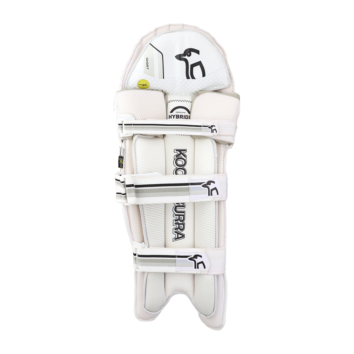 The Kookaburra Ghost 2.1 Batting Pads 2026 feature a white design with black and gray accents, three adjustable straps, and provide professional protection with a contoured, reinforced shape for superior leg safety.