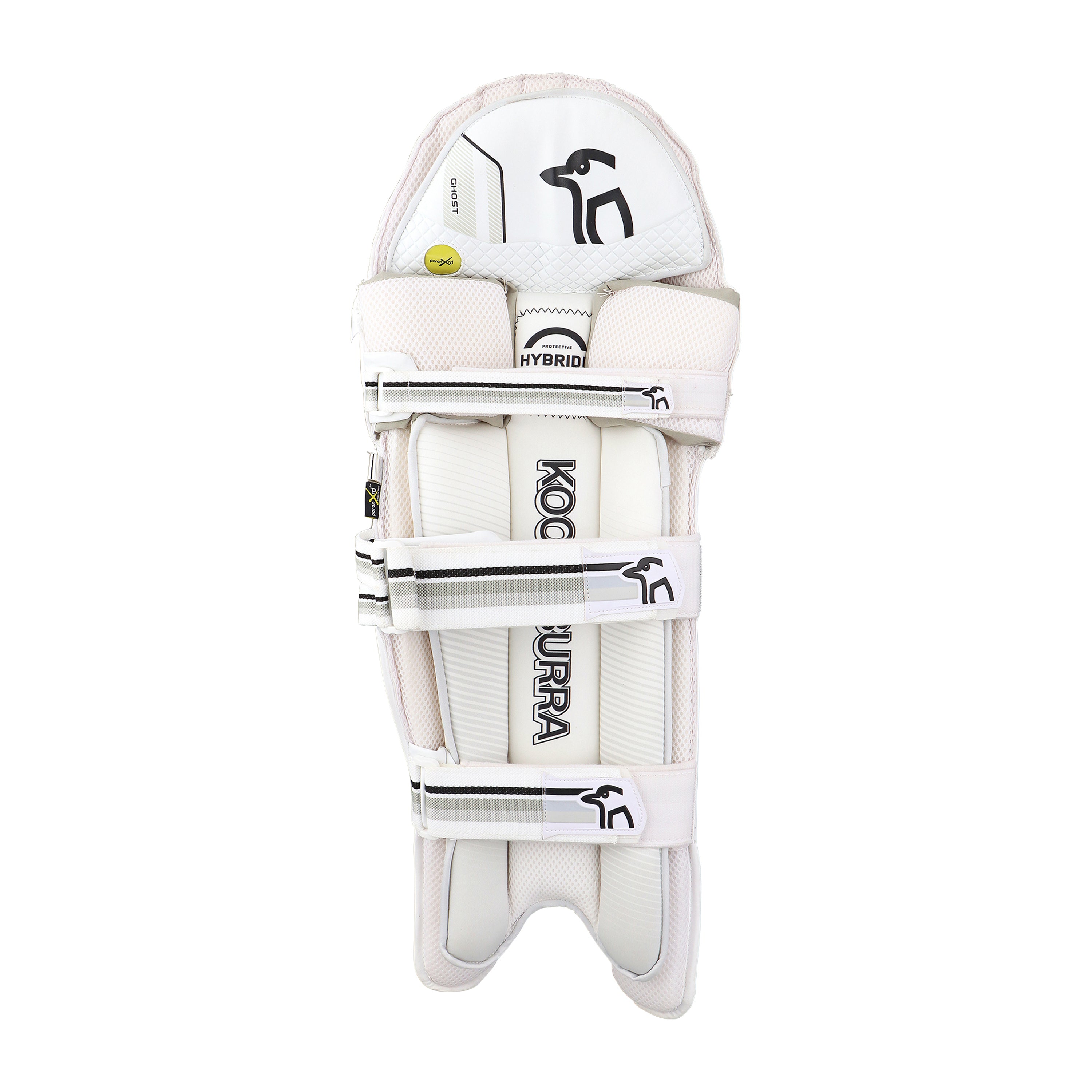 The Kookaburra Ghost 2.1 Batting Pads 2026 feature a white design with black and gray accents, three adjustable straps, and provide professional protection with a contoured, reinforced shape for superior leg safety.