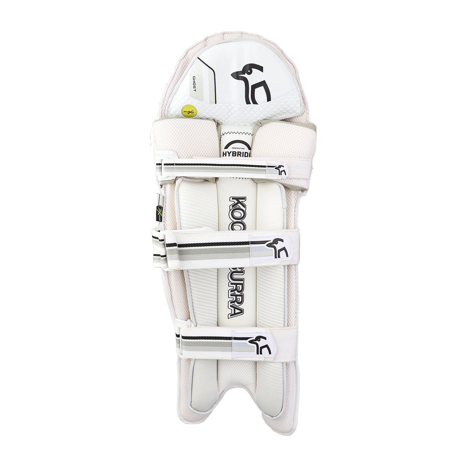 The Kookaburra Ghost 2.1 Batting Pads 2026 feature a white design with black and gray accents, three adjustable straps, and provide professional protection with a contoured, reinforced shape for superior leg safety.