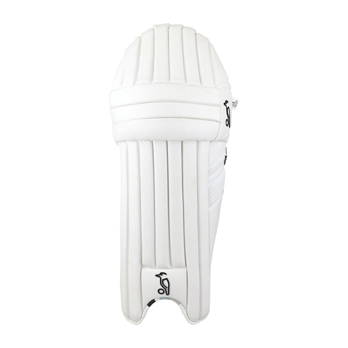 The Kookaburra Ghost 2.1 Batting Pads 2026 are white pads with stitched vertical panels, a textured side, and small black Kookaburra logos, designed for pro-level protection using advanced Poron XRD technology.