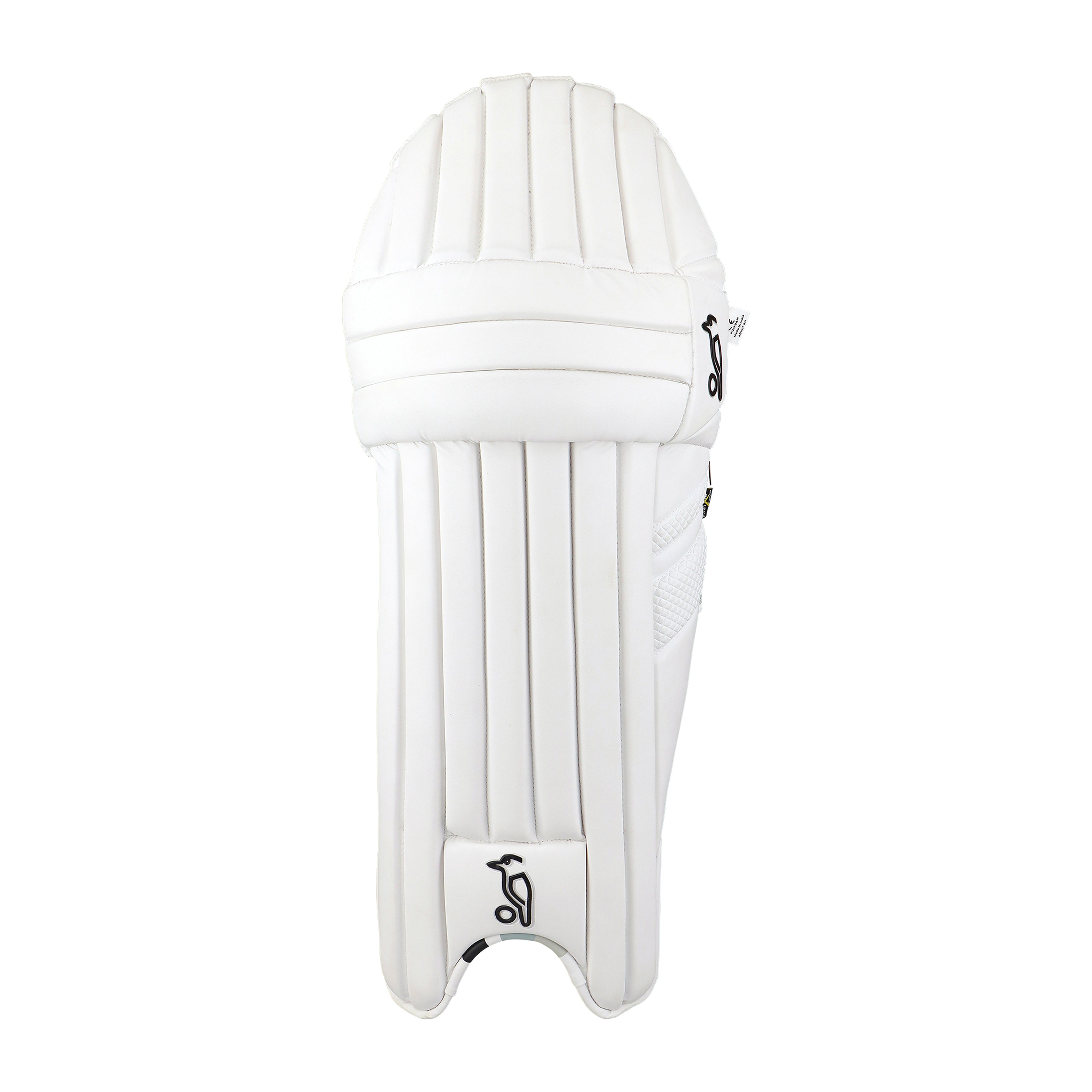 The Kookaburra Ghost 2.1 Batting Pads 2026 are white pads with stitched vertical panels, a textured side, and small black Kookaburra logos, designed for pro-level protection using advanced Poron XRD technology.