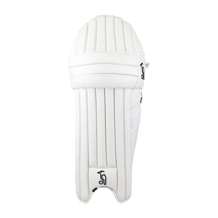 The Kookaburra Ghost 2.1 Batting Pads 2026 are white pads with stitched vertical panels, a textured side, and small black Kookaburra logos, designed for pro-level protection using advanced Poron XRD technology.