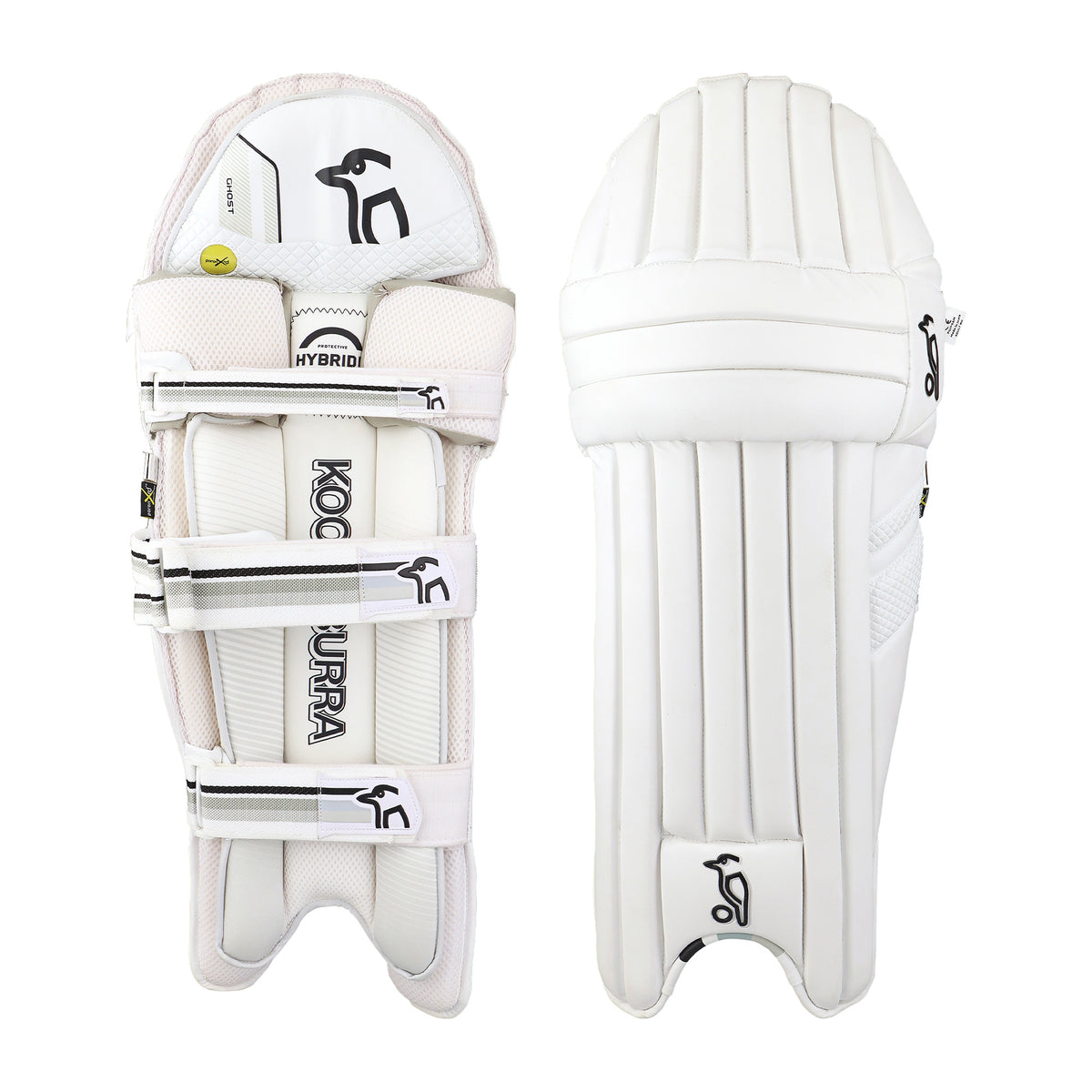 The Kookaburra Ghost 2.1 Batting Pads 2026 are shown: one pad displays the inner side with straps and branding, the other reveals the ribbed outer side. Both offer pro-level protection and feature the black Kookaburra logo.