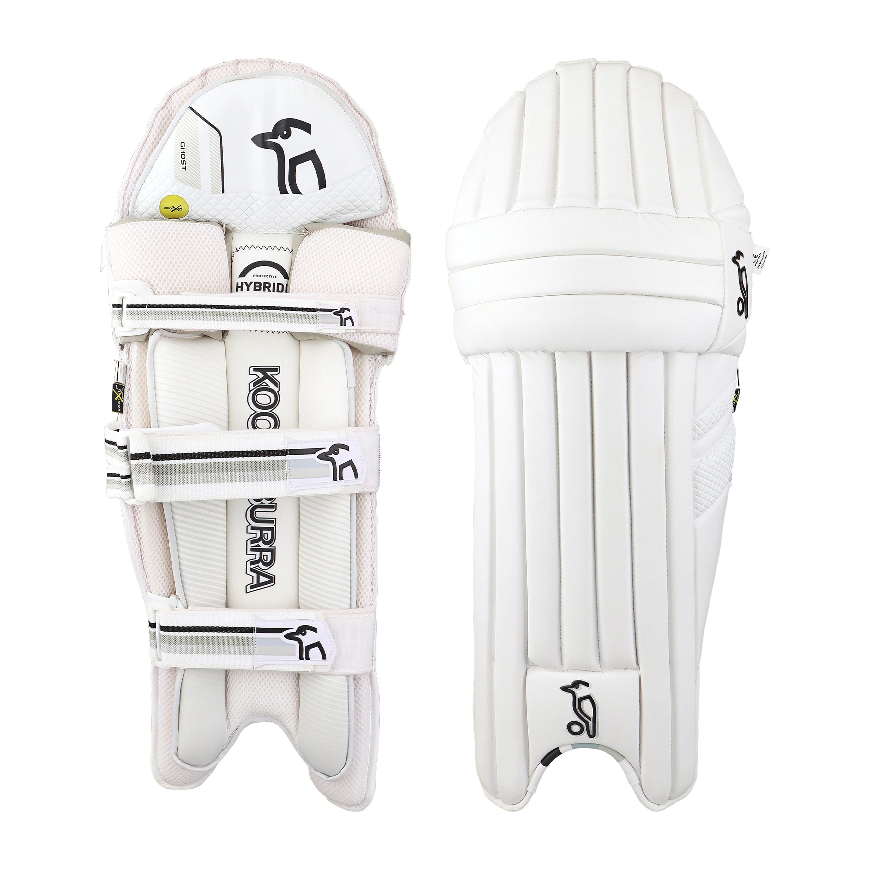 The Kookaburra Ghost 2.1 Batting Pads 2026 are shown: one pad displays the inner side with straps and branding, the other reveals the ribbed outer side. Both offer pro-level protection and feature the black Kookaburra logo.