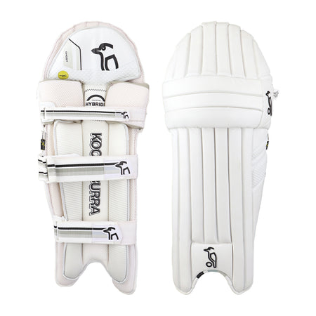 The Kookaburra Ghost 2.1 Batting Pads 2026 are shown: one pad displays the inner side with straps and branding, the other reveals the ribbed outer side. Both offer pro-level protection and feature the black Kookaburra logo.
