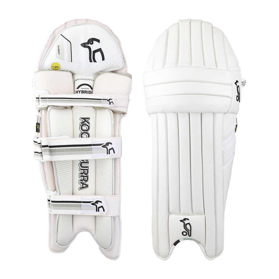 The Kookaburra Ghost 2.1 Batting Pads 2026 are shown: one pad displays the inner side with straps and branding, the other reveals the ribbed outer side. Both offer pro-level protection and feature the black Kookaburra logo.