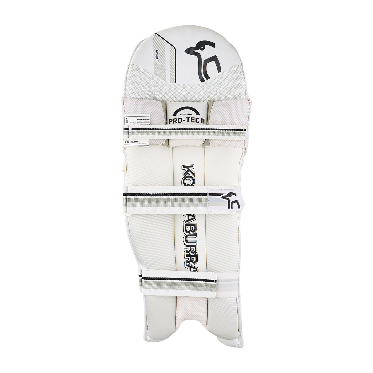 The Kookaburra Ghost 3.1 Batting Pads 2026 by Kookaburra feature black and grey accents, PRO-TECH label, reinforced cane construction, and three adjustable straps for a secure fit. Grade 3 cricket pads designed for reliable protection.
