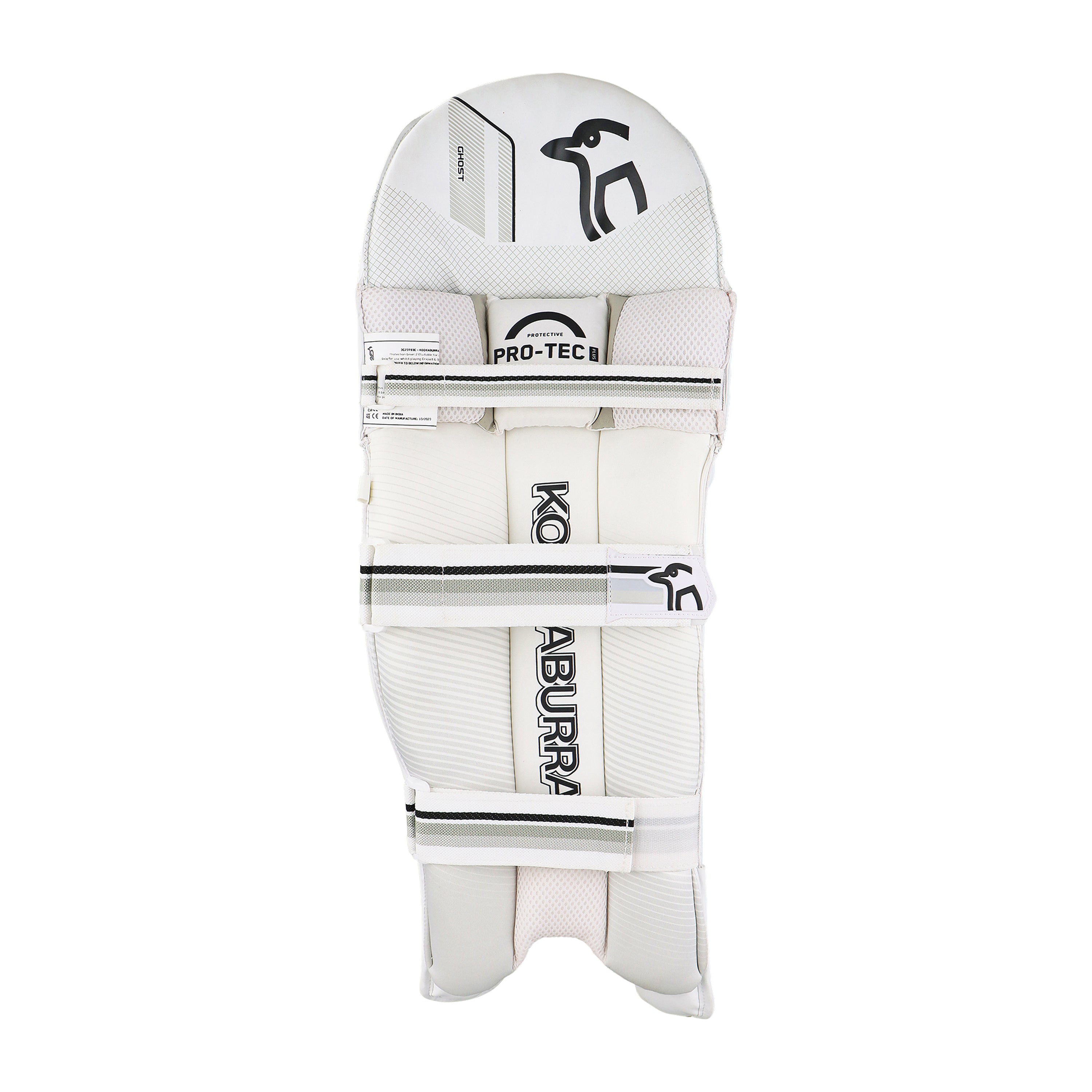 The Kookaburra Ghost 3.1 Batting Pads 2026 by Kookaburra feature black and grey accents, PRO-TECH label, reinforced cane construction, and three adjustable straps for a secure fit. Grade 3 cricket pads designed for reliable protection.