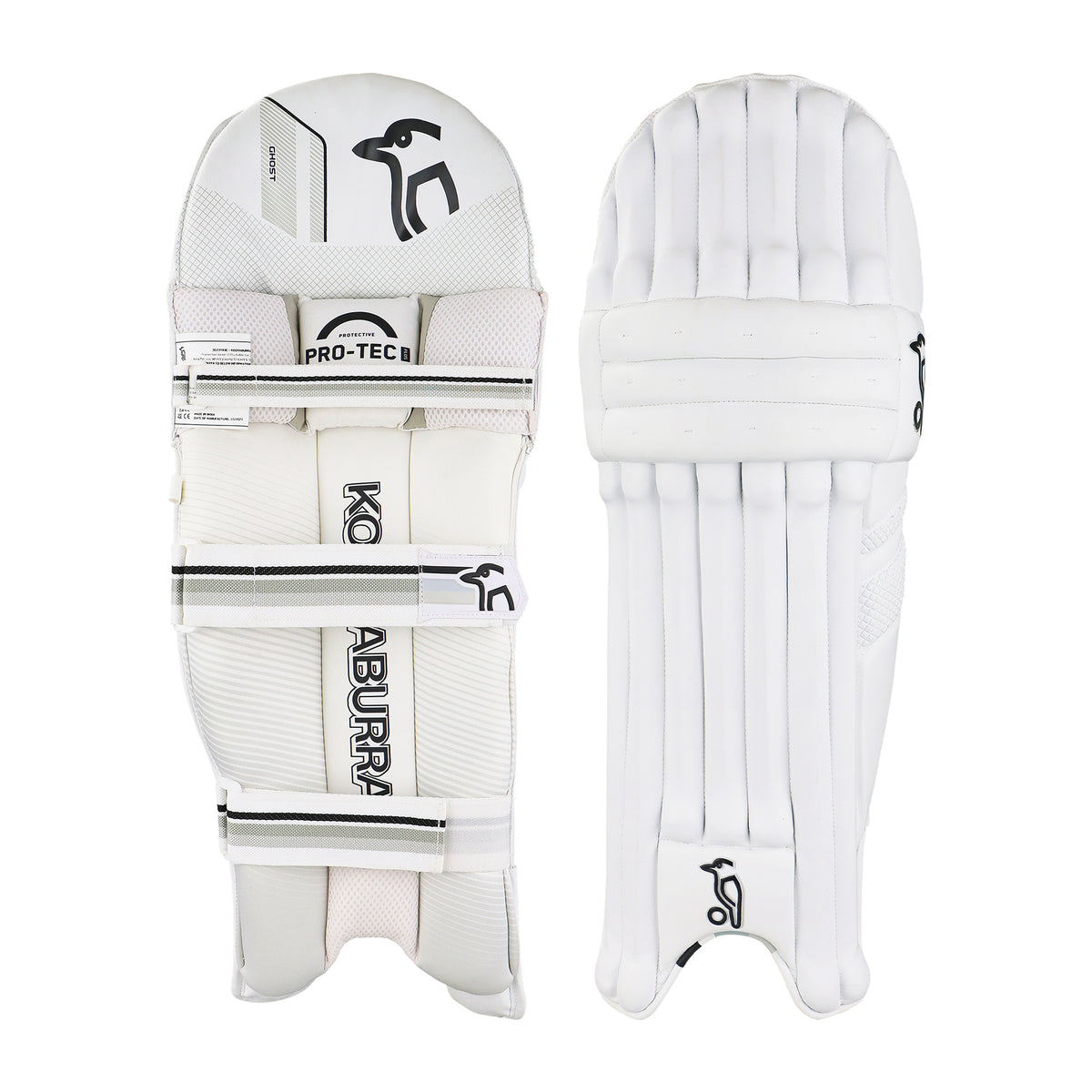The Kookaburra Ghost 3.1 Batting Pads 2026 feature black detailing, reinforced cane construction, protective padding, secure straps, and branding. Shown front and back, these quality Grade 3 pads are designed by Kookaburra.