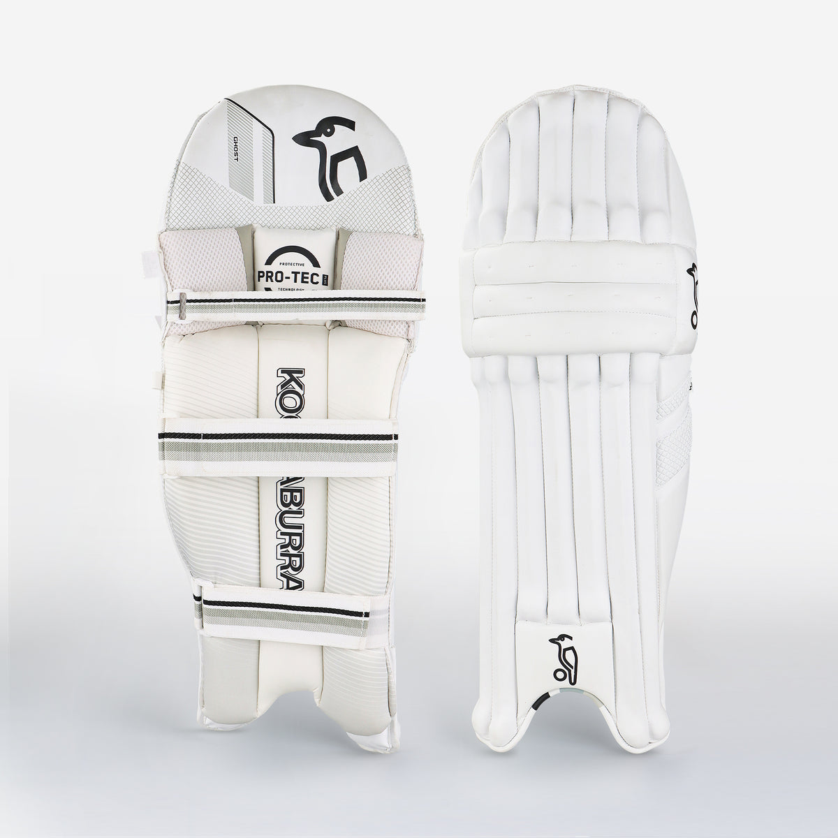 The Kookaburra Ghost 4.1 Batting Pads 2026 from Kookaburra are shown with front and back views, highlighting padded straps and the brand’s logo—excellent protective cricket pads for club players.