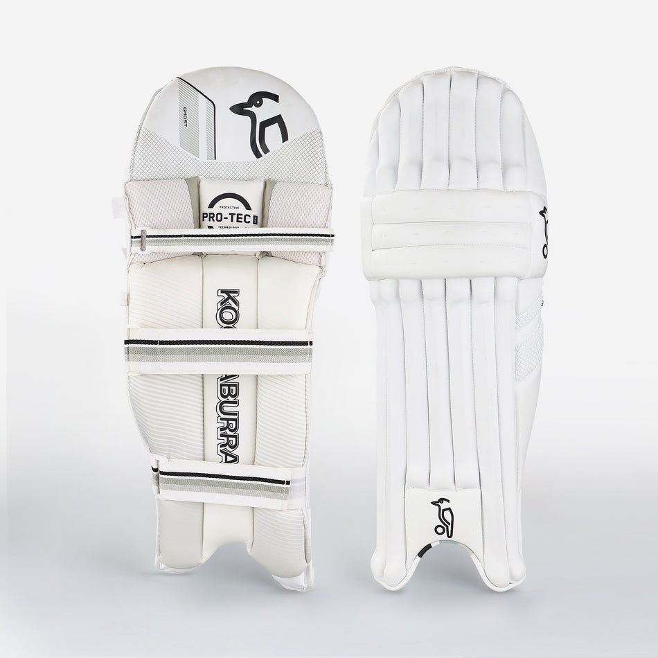 The Kookaburra Ghost 4.1 Batting Pads 2026 from Kookaburra are shown with front and back views, highlighting padded straps and the brand’s logo—excellent protective cricket pads for club players.
