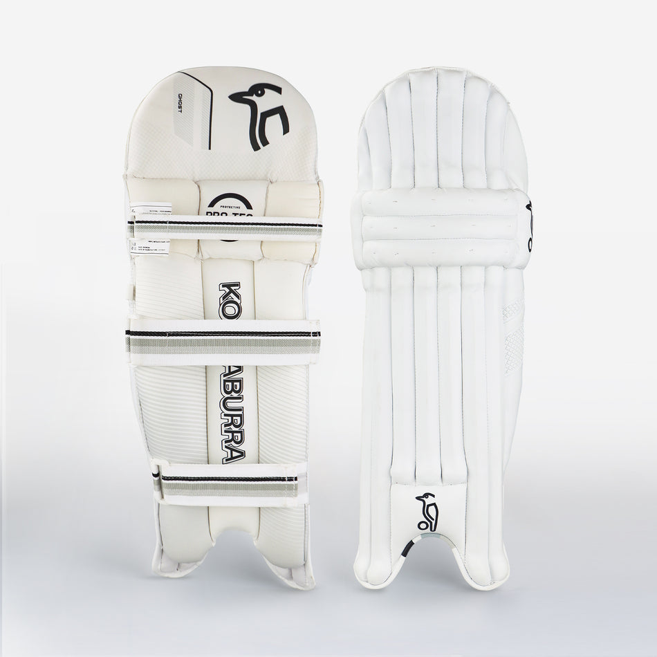 Two white Kookaburra Ghost 5.1 Batting Pads 2026 stand upright against a plain background, showing vertical padding in front and branded straps at the back—classic features of Kookaburra’s protective cricket gear.