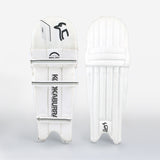 Two white Kookaburra Ghost 6.1 Batting Pads 2026 are shown side by side against a plain background—one displays the branded front view with straps, while the other reveals the back for entry-level protection.