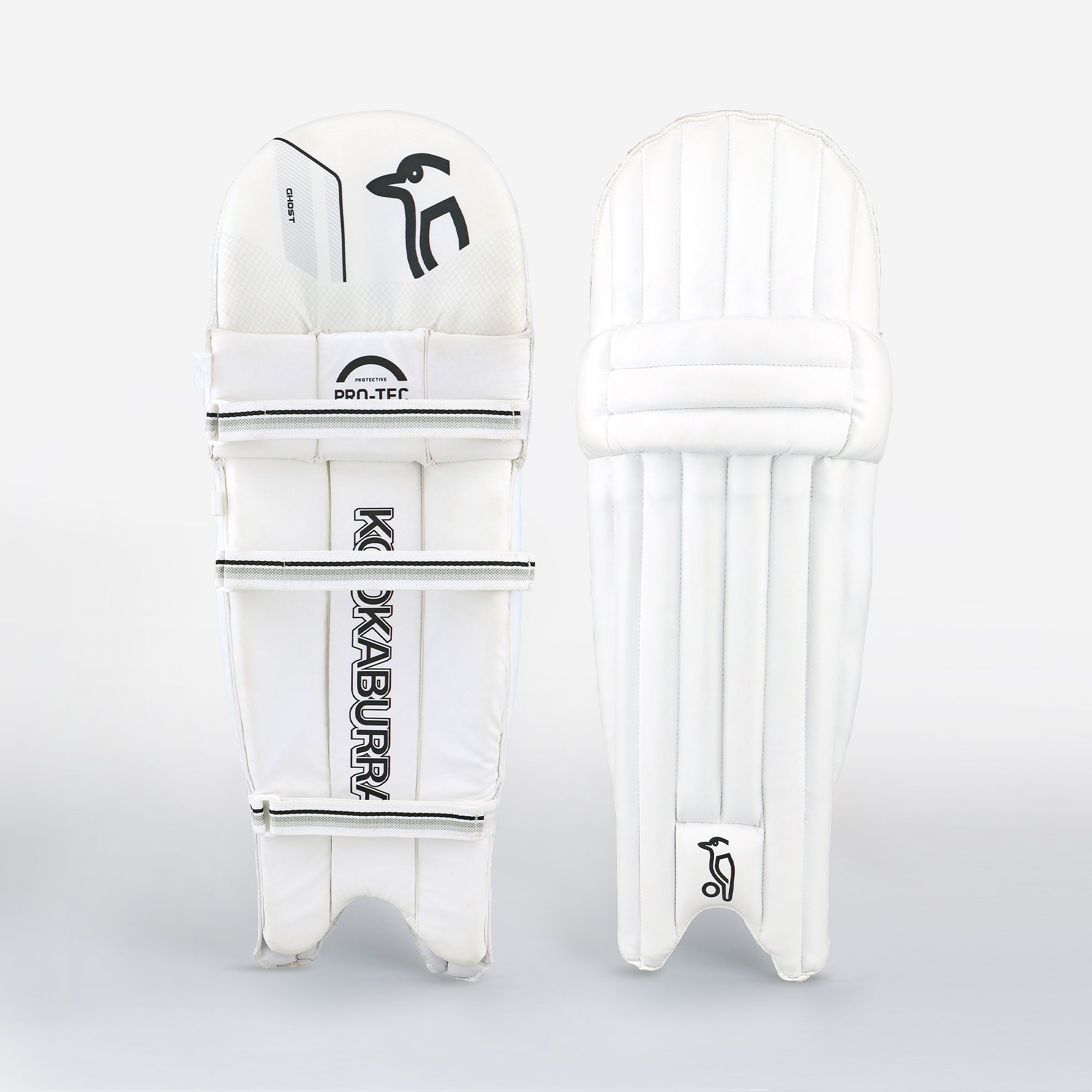 Two white Kookaburra Ghost 6.1 Batting Pads 2026 are shown side by side against a plain background—one displays the branded front view with straps, while the other reveals the back for entry-level protection.
