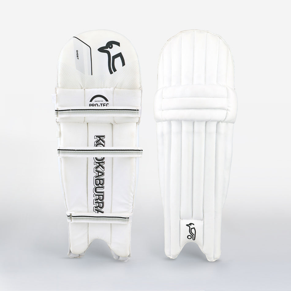 Two white Kookaburra Ghost 6.1 Batting Pads 2026 are shown side by side against a plain background—one displays the branded front view with straps, while the other reveals the back for entry-level protection.