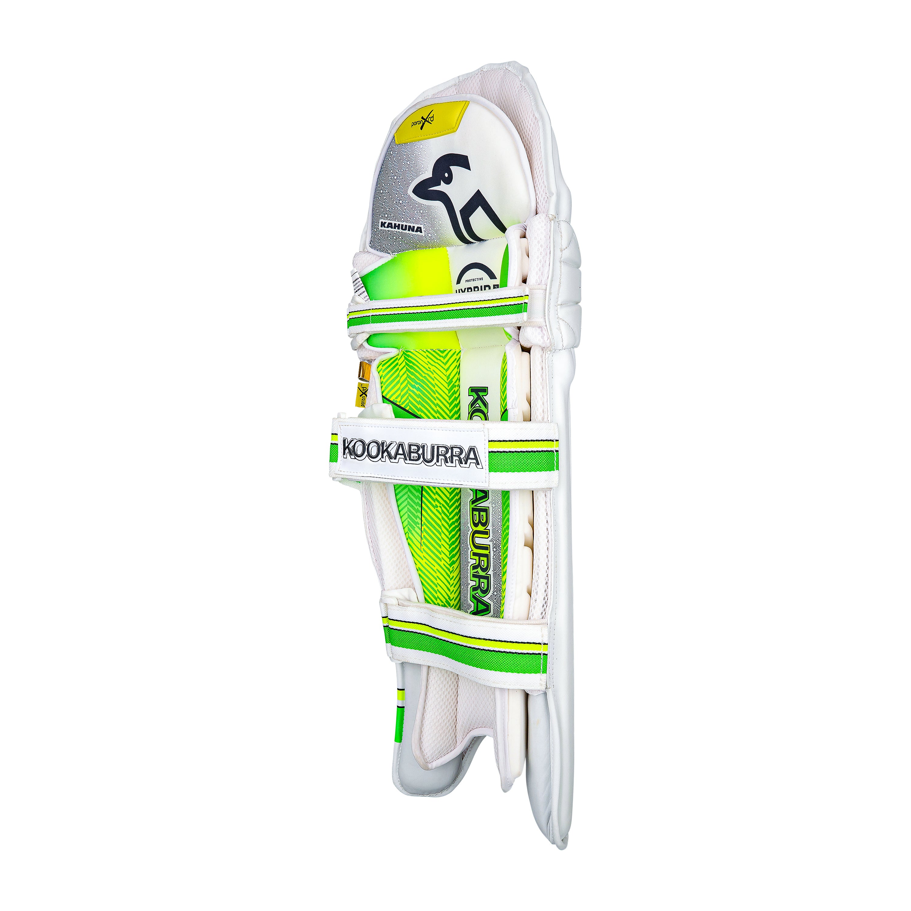 The Kookaburra Kahuna Pro Batting Pads 2026 feature white, green, and yellow details, the Kookaburra logo, and three Velcro straps for comfort and style. They stand upright against a plain white background.