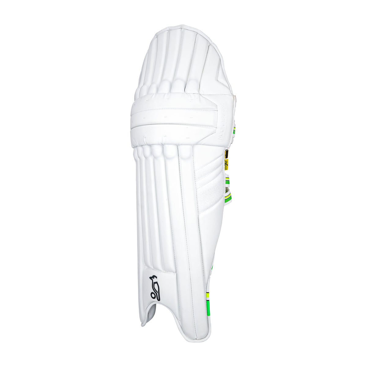 The Kookaburra Kahuna Pro Batting Pads 2026, featuring vertical padding, green and yellow accents, and a small black logo, are ideal professional cricket pads for advanced players seeking top protection.