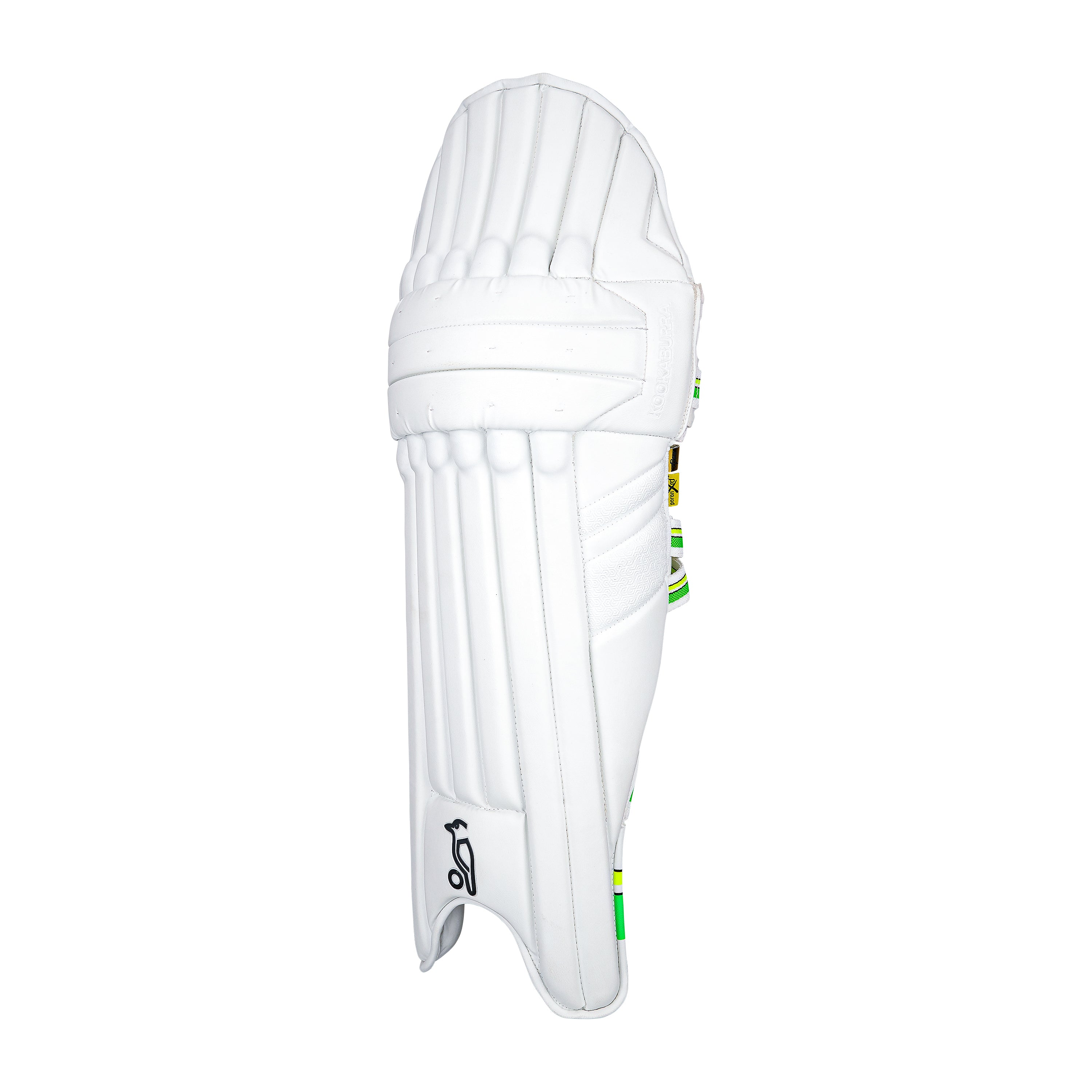 The Kookaburra Kahuna Pro Batting Pads 2026, featuring vertical padding, green and yellow accents, and a small black logo, are ideal professional cricket pads for advanced players seeking top protection.
