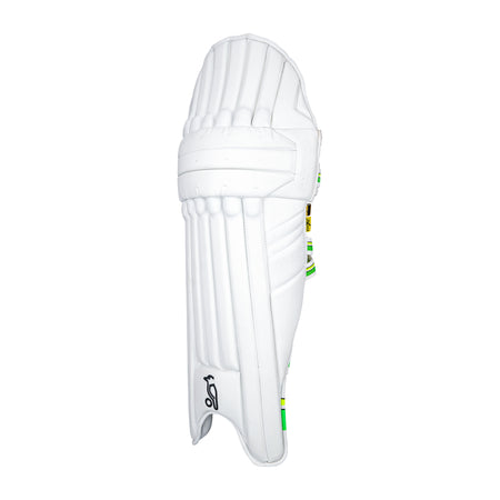 The Kookaburra Kahuna Pro Batting Pads 2026, featuring vertical padding, green and yellow accents, and a small black logo, are ideal professional cricket pads for advanced players seeking top protection.