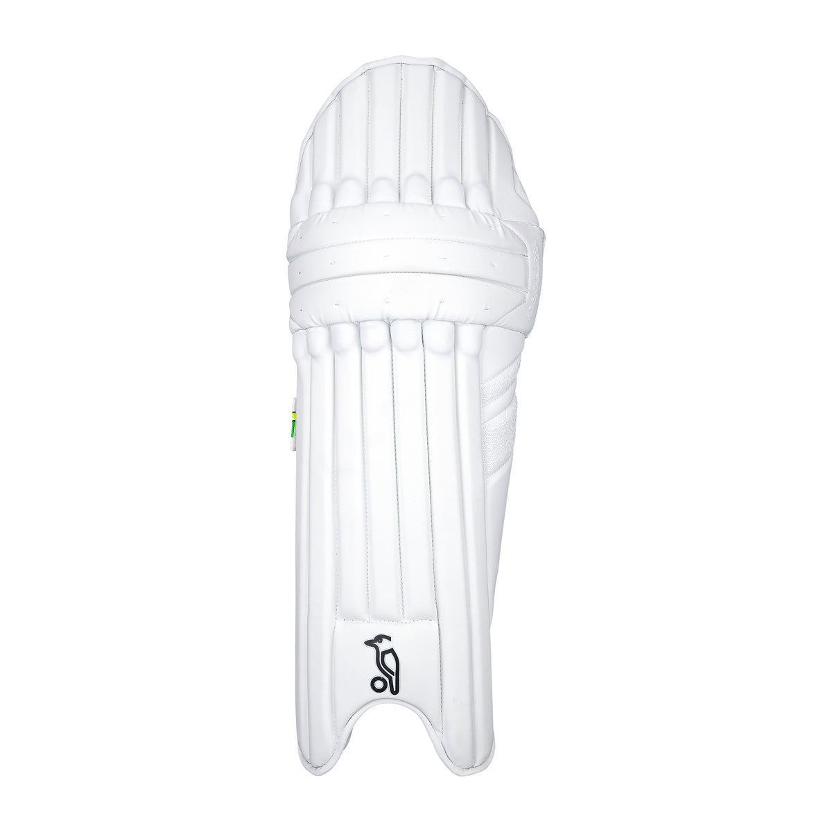A single Kookaburra Kahuna Pro Batting Pad 2026 in white, featuring vertical padding, stitched accents, and the brand’s small black logo at the lower center, is shown against a plain white background.