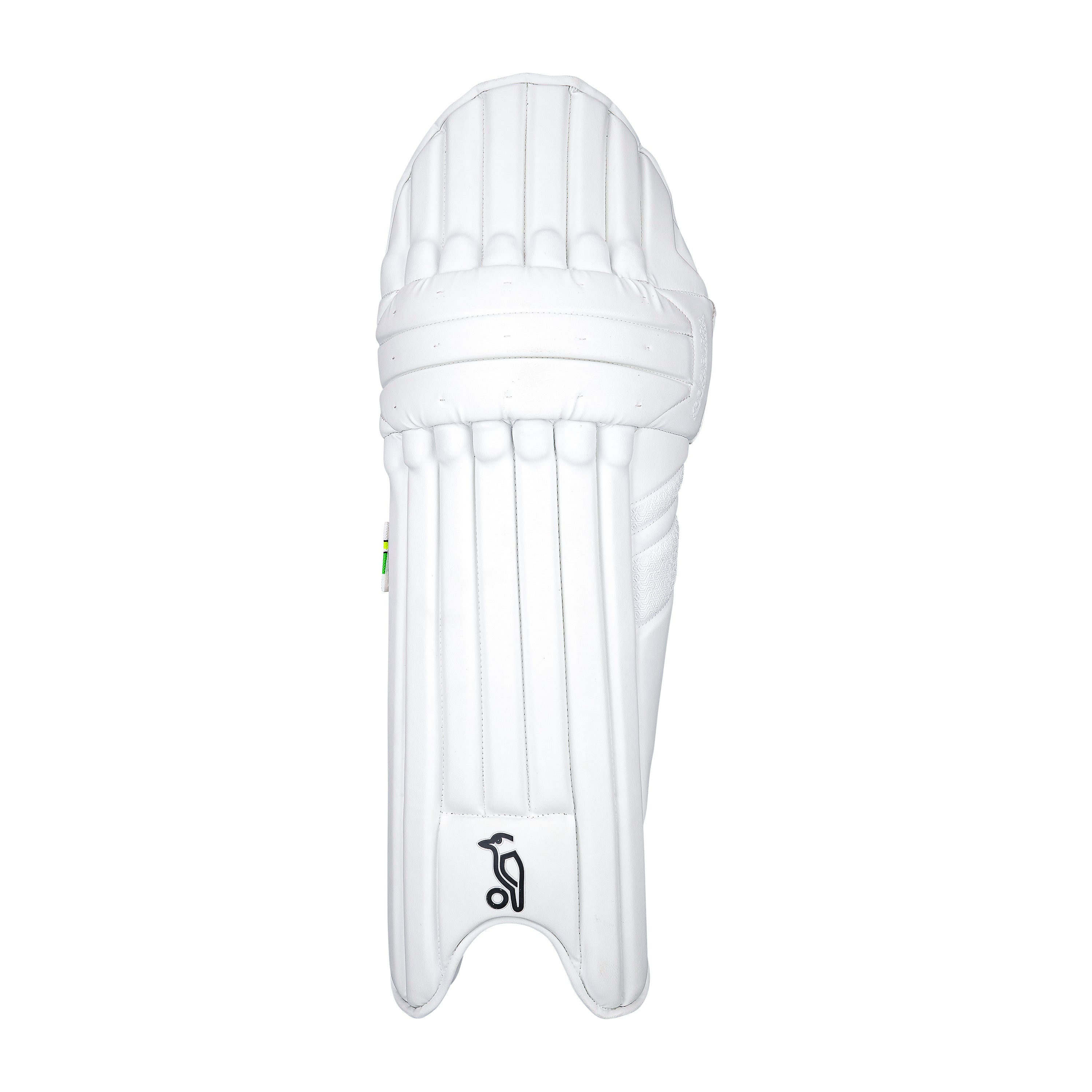A single Kookaburra Kahuna Pro Batting Pad 2026 in white, featuring vertical padding, stitched accents, and the brand’s small black logo at the lower center, is shown against a plain white background.
