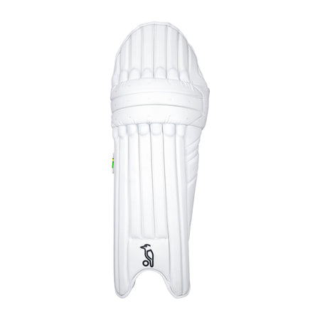 A single Kookaburra Kahuna Pro Batting Pad 2026 in white, featuring vertical padding, stitched accents, and the brand’s small black logo at the lower center, is shown against a plain white background.