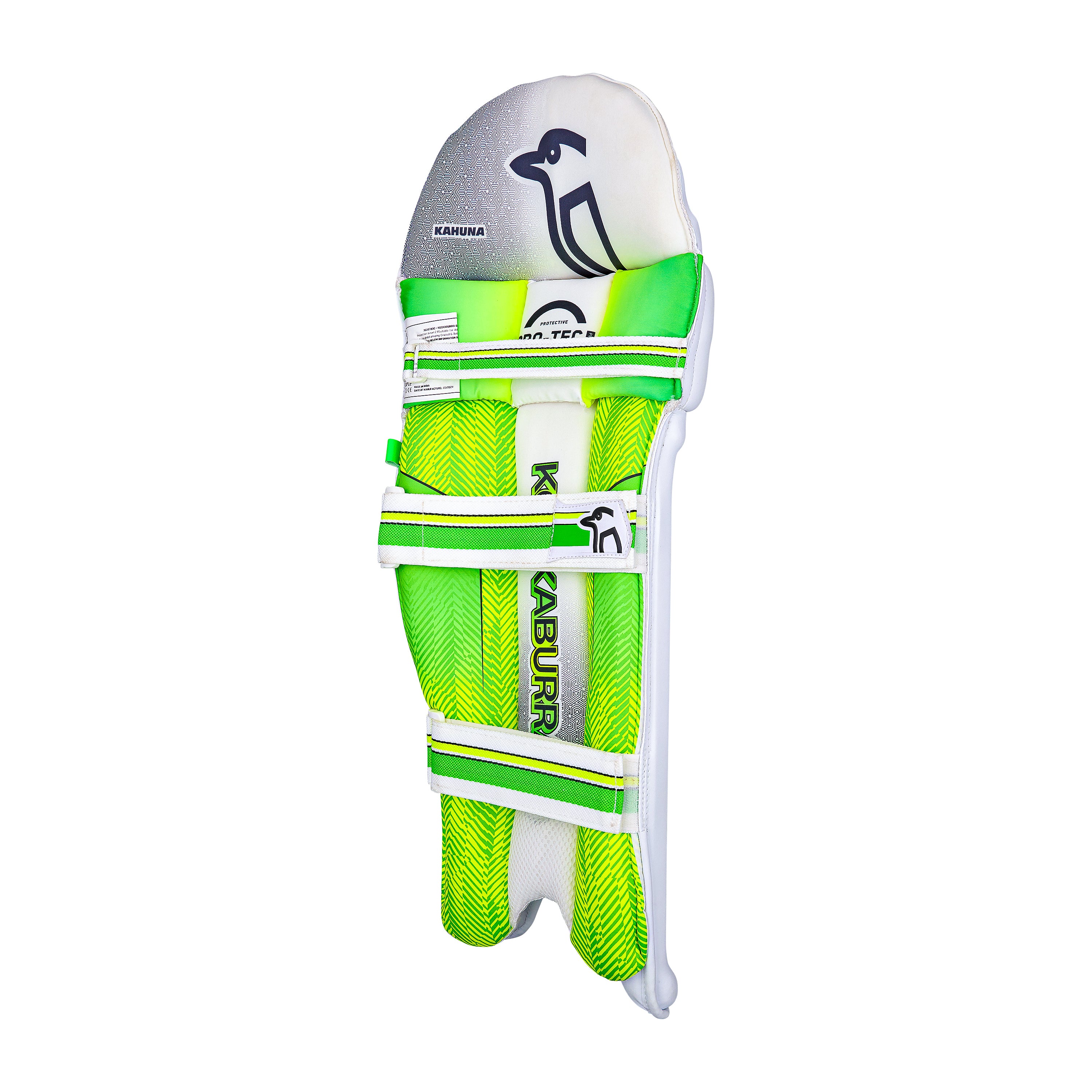 Kookaburra Kahuna 3.1 Batting Pads 2026 in green, white, and yellow feature the Kookaburra logo with a stylized bird and secure straps. These cricket pads offer reliable Grade 3 protection and are displayed on a white background.