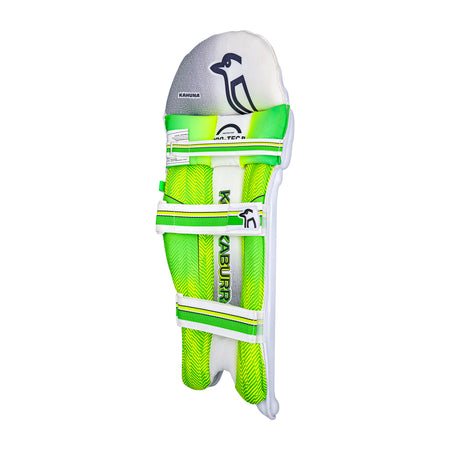 Kookaburra Kahuna 3.1 Batting Pads 2026 in green, white, and yellow feature the Kookaburra logo with a stylized bird and secure straps. These cricket pads offer reliable Grade 3 protection and are displayed on a white background.