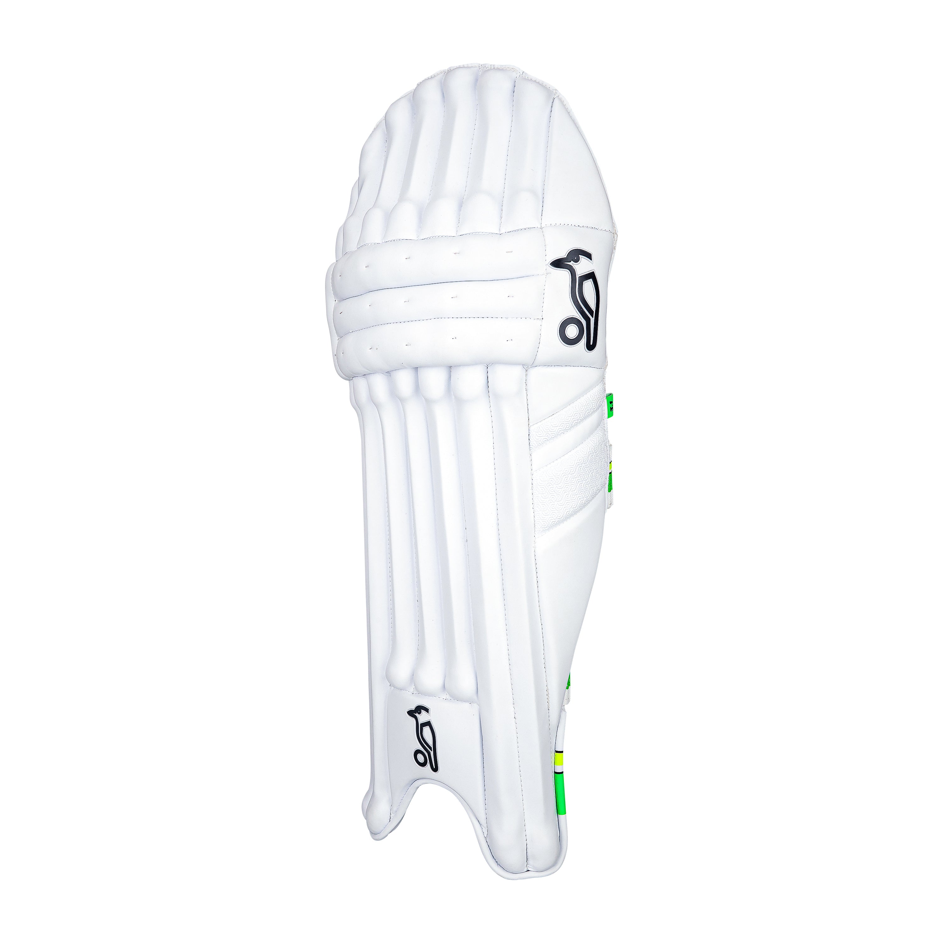 The Kookaburra Kahuna 3.1 Batting Pads 2026 by Kookaburra are white cricket pads with black logo accents and vertical padding, offering Grade 3 protection, shown against a plain white background.